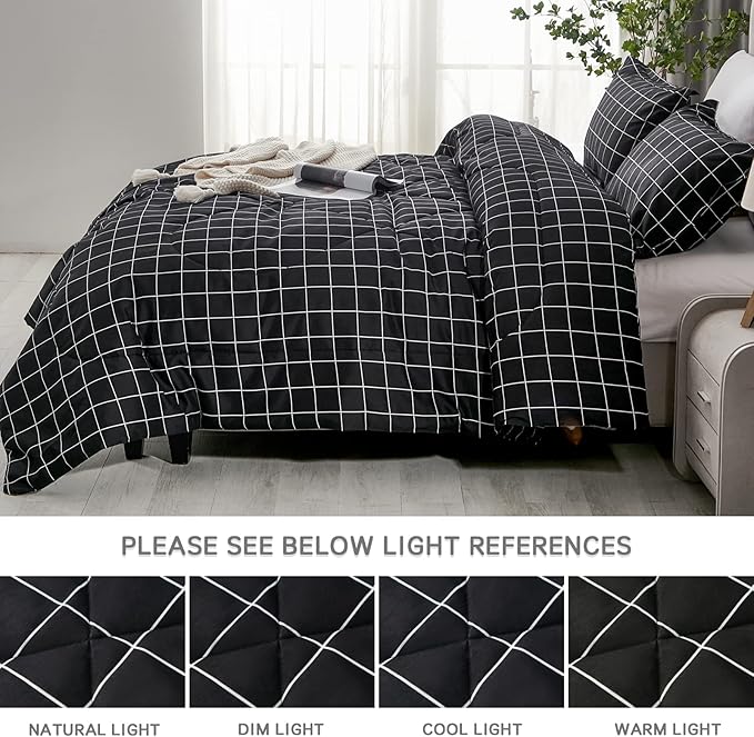 Andency Black Grid Comforter Set Full Size (79x90 Inch), 3 Pieces(1 Grid Comforter and 2 Pillowcases), Summer Lightweight Microfiber Down Alternative Black Comforter with White Lines - LeafyLoom