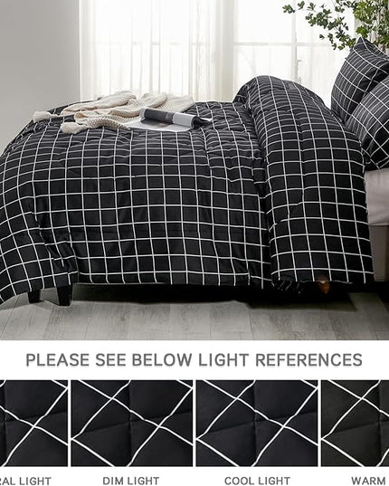 Andency Black Grid Comforter Set Queen Size (90x90 Inch), 3 Pieces(1 Grid Comforter and 2 Pillowcases), Summer Lightweight Microfiber Down Alternative Black Comforter with White Lines - LeafyLoom