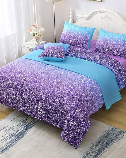 JQinHome Full Blue Purple Comforter Set, 6 Piece Bed in A Bag 3D Colorful Ombre Bedding Set for Girls Women (1 Comforter,2 Pillowcases,1 Flat Sheet,1 Fitted Sheet,1 Cushion Cover)(Blue Purple) - LeafyLoom