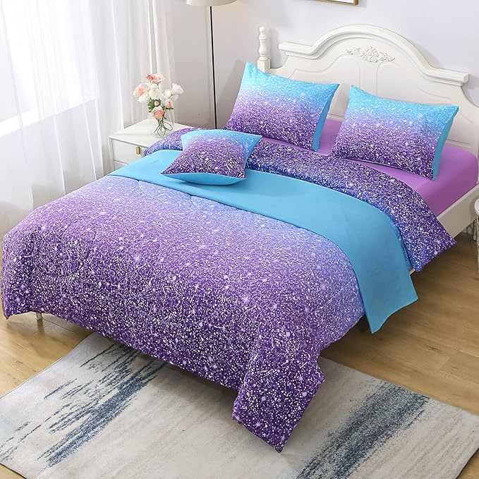 JQinHome Full Blue Purple Comforter Set, 6 Piece Bed in A Bag 3D Colorful Ombre Bedding Set for Girls Women (1 Comforter,2 Pillowcases,1 Flat Sheet,1 Fitted Sheet,1 Cushion Cover)(Blue Purple) - LeafyLoom