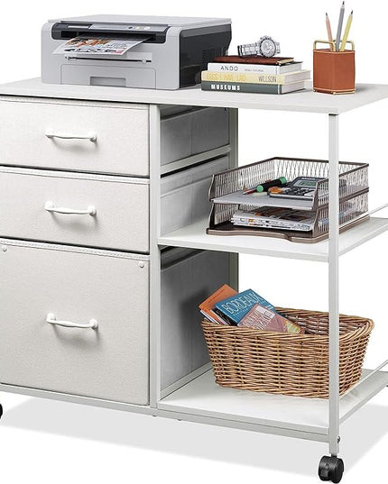 DEVAISE 3 Drawer Mobile File Cabinet, Rolling Printer Stand with Open Storage Shelf, Fabric Lateral Filing Cabinet fits A4 or Letter Size for Home Office, White - LeafyLoom