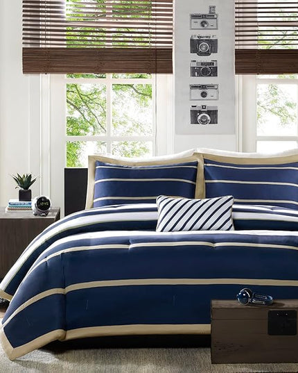 Mi Zone Ashton Casual Comforter Set, Vibrant Colorblock Design, Modern Bedding Geometric Stripes All Season Cover, Matching Shams, Decorative Pillow, King/Cal King, Khaki/Navy, 4 Piece - LeafyLoom