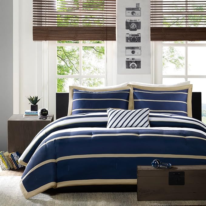 Mi Zone Ashton Casual Comforter Set, Vibrant Colorblock Design, Modern Bedding Geometric Stripes All Season Cover, Matching Shams, Decorative Pillow, King/Cal King, Khaki/Navy, 4 Piece - LeafyLoom