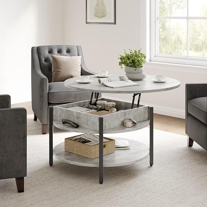 FABATO Round Lift Top Coffee Table, 35.43’’ Circle Coffee Table with Storage for Living Room Reception Room, Farmhouse 2 Tier Large Round Dining Table, Wood, Gray - LeafyLoom