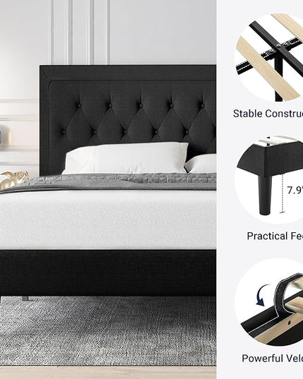 Allewie Queen Size Bed Frame Upholstered Platform Bed with Adjustable Headboard, Button Tufted, Wood Slat Support, Easy Assembly, Black - LeafyLoom