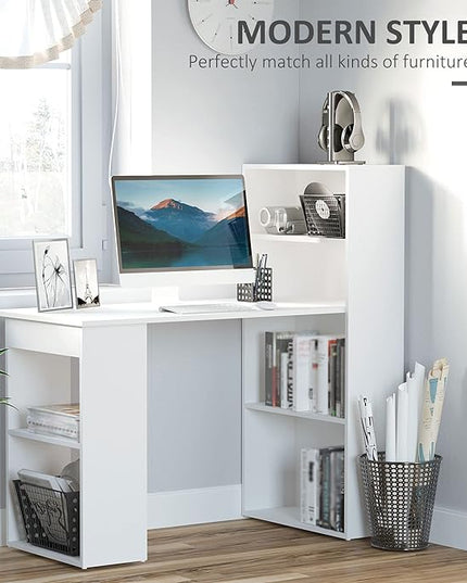 HOMCOM Modern Home Office Desk with 6-Tier Storage Shelves, 47" Writing Table with Bookshelf, White - LeafyLoom