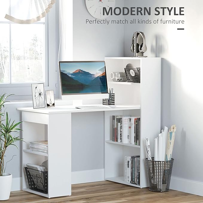 HOMCOM Modern Home Office Desk with 6-Tier Storage Shelves, 47" Writing Table with Bookshelf, White - LeafyLoom