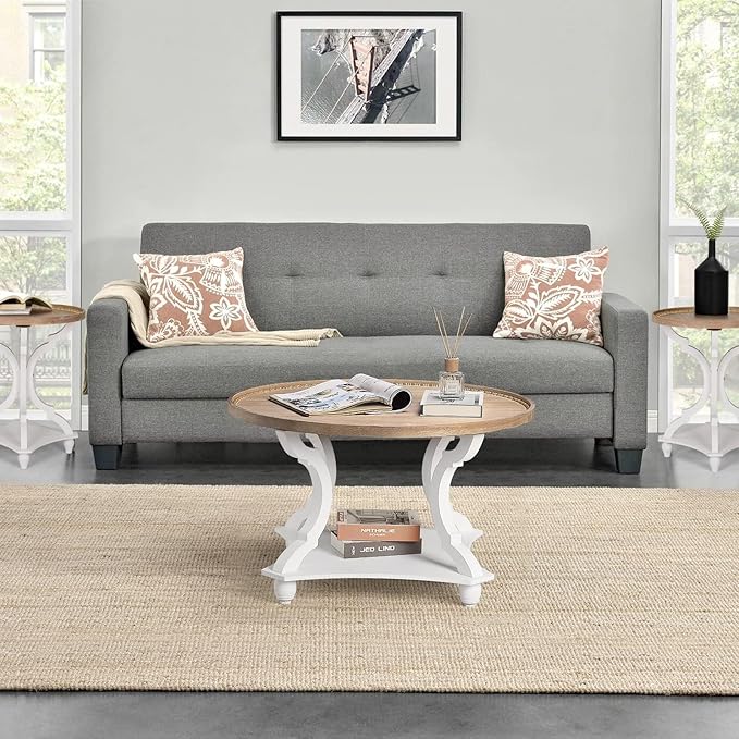 Wnutrees Farmhouse Round Coffee Table,Wood Tray Top Circle Coffee Table with Storage Shelf Rustic Style for Living Room and Vintage Finish,White - LeafyLoom