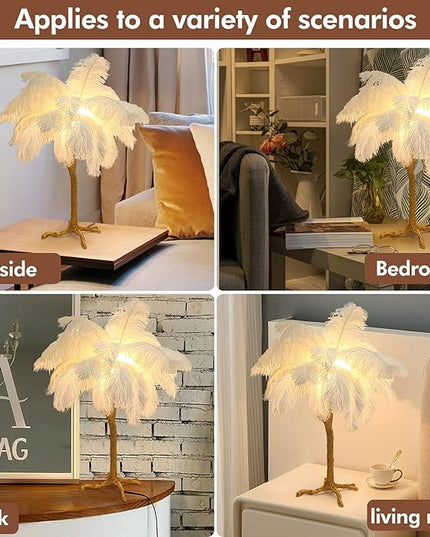 White Bedside Lamp Ostrich Feather Desk Lamp Gold Resin Ostrich Feather Table Lamp, Girls Gift Romantic Wedding Decoration Palm Tree Lamps G4*3 - LeafyLoom