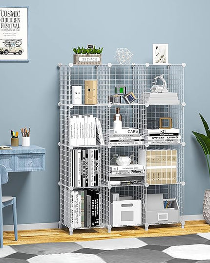 Wolizom Wire Cube Storage, Metal Grids Shelves Bookshelf, Stackable Modular Shelving Organizer, DIY Closet Bookcase Bookshelf, Grid Storage Shelf for Bedroom, Living Room, Office (White, 12 Cube) - LeafyLoom