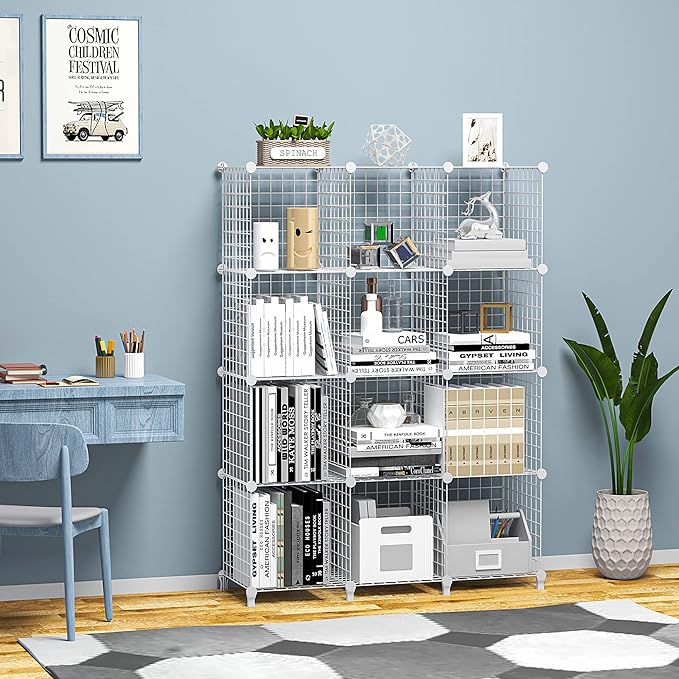 Wolizom Wire Cube Storage, Metal Grids Shelves Bookshelf, Stackable Modular Shelving Organizer, DIY Closet Bookcase Bookshelf, Grid Storage Shelf for Bedroom, Living Room, Office (White, 12 Cube) - LeafyLoom