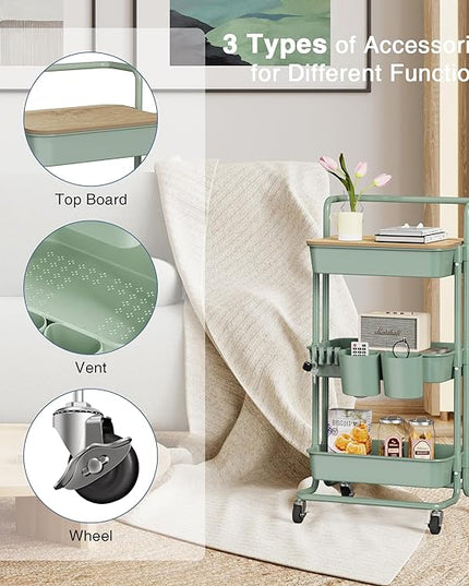 DTK 3 Tier Utility Rolling Cart with Cover Board, Rolling Storage Cart, H&le & Locking Wheels Kitchen Cart with 2 Small Baskets & 4 Hooks for Bathroom Office Balcony Living Room(Turquoise)Large - LeafyLoom