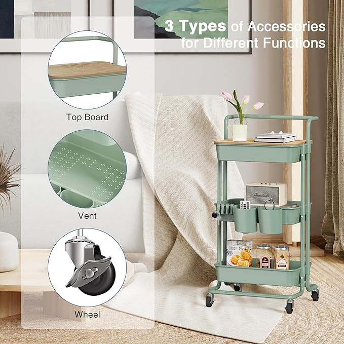 DTK 3 Tier Utility Rolling Cart with Cover Board, Rolling Storage Cart, H&le & Locking Wheels Kitchen Cart with 2 Small Baskets & 4 Hooks for Bathroom Office Balcony Living Room(Turquoise)Large - LeafyLoom