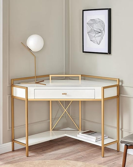 Leick Home 9230-WTGL Claudette Mixed Metal and Wood Desk, 48" W, White/gold - LeafyLoom