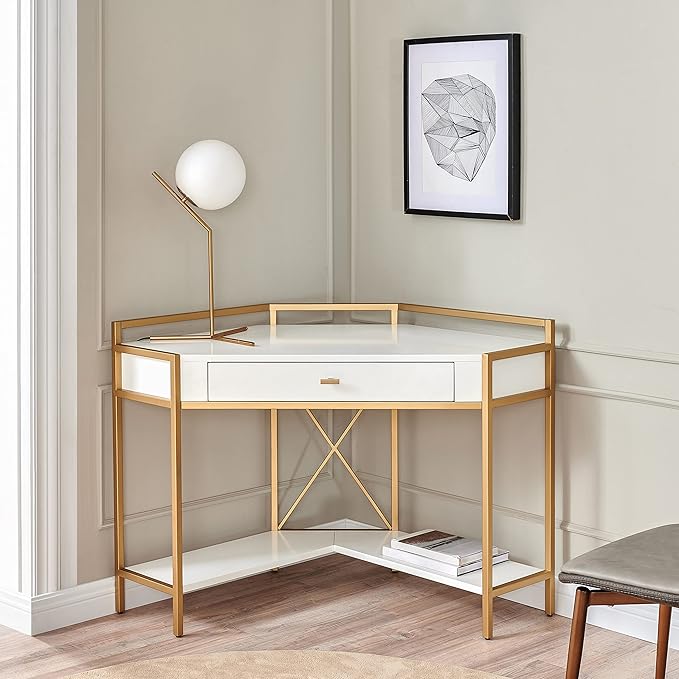 Leick Home 9230-WTGL Claudette Mixed Metal and Wood Desk, 48" W, White/gold - LeafyLoom