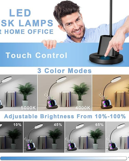 Sailstar Desk Lamp, Desk Lamps for Home Office with Wireless Charger & Pen Holder, 800 Lumens Gooseneck 3 Modes Dimmable Touch Circular LED Desk Light, Small Desk Lamp for College Dorm Room, Black - LeafyLoom
