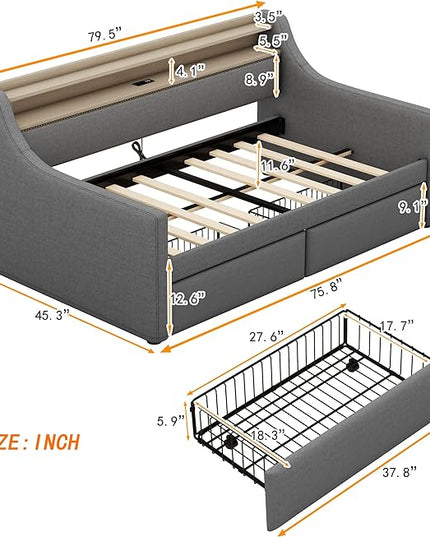 Twin Size Daybed with 2 Storage Drawers, Upholstered Day Bed Frame with Charging Station and LED Lights, Linen Sofa Beds for Living Room, Bedroom, Gray - LeafyLoom