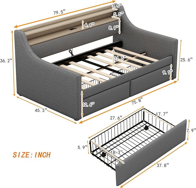 Twin Size Daybed with 2 Storage Drawers, Upholstered Day Bed Frame with Charging Station and LED Lights, Linen Sofa Beds for Living Room, Bedroom, Gray - LeafyLoom