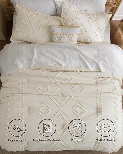 Bedsure Boho Comforter Set King - Terracotta Tufted Bedding Comforter Set, 3 Pieces Farmhouse Shabby Chic Embroidery Bedding Set, Soft Geometric Pattern Comforter for All Seasons - LeafyLoom