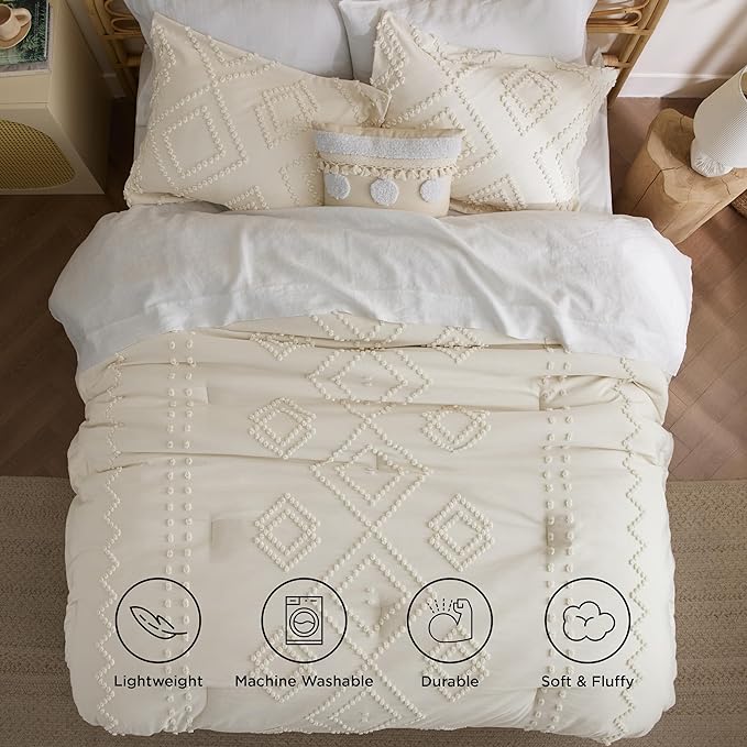 Bedsure Boho Comforter Set Full - Terracotta Tufted Bedding Comforter Set, 3 Pieces Farmhouse Shabby Chic Embroidery Bedding Set, Soft Geometric Pattern Comforter for All Seasons - LeafyLoom