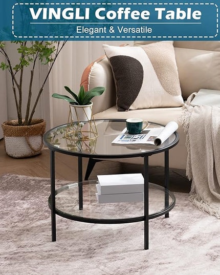 VINGLI 25.6" Round Black Coffee Tables for Living Room, 2-Tier Glass Top Coffee Table with Storage Clear Coffee, Simple & Modern Center Table for Small Space - LeafyLoom