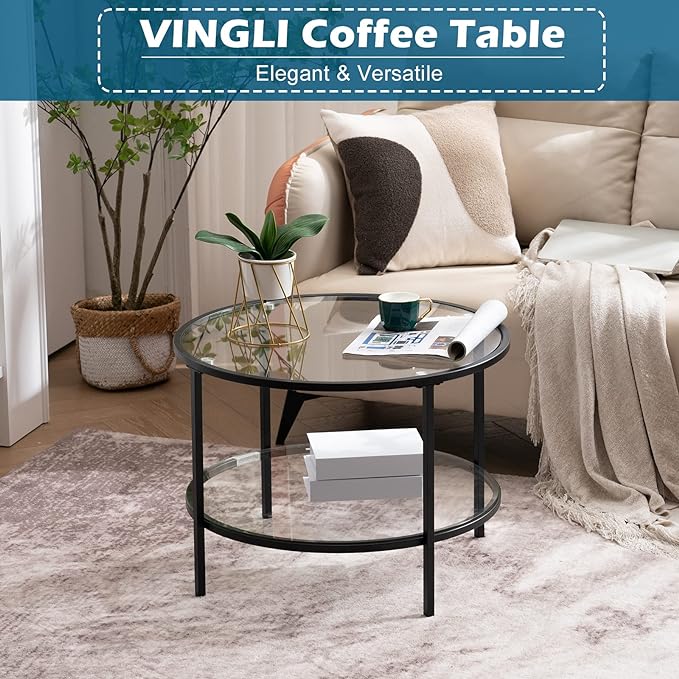 VINGLI 25.6" Round Black Coffee Tables for Living Room, 2-Tier Glass Top Coffee Table with Storage Clear Coffee, Simple & Modern Center Table for Small Space - LeafyLoom
