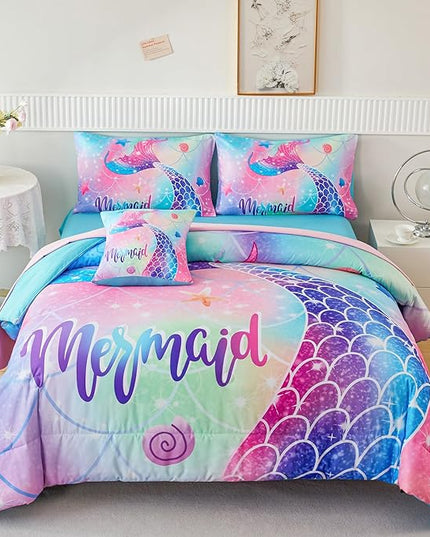 RYNGHIPY Mermaid Full Girls Bedding Set, Colorful Rainbow Kids Girls Comforter Set with Sheets Soft and Lightweight, 6 Pieces Teen Girls Bed in a Bag - LeafyLoom