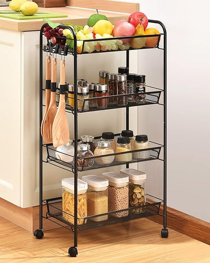 TOOLF 4-Tier Rolling Cart, Metal Utility Cart with 3 Hooks, Easy Assemble Mobile Storage Trolley On Wheels, Metal Shelving Units Kitchen Bathroom Laundry Room - LeafyLoom