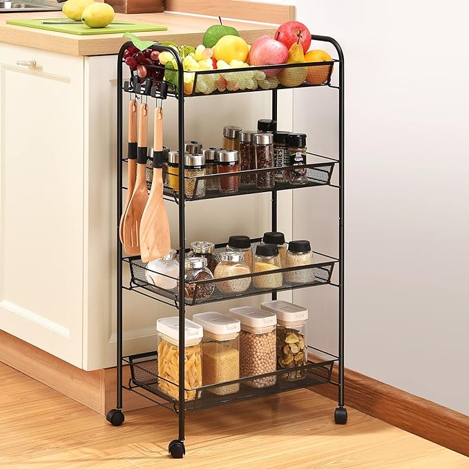 TOOLF 4-Tier Rolling Cart, Metal Utility Cart with 3 Hooks, Easy Assemble Mobile Storage Trolley On Wheels, Metal Shelving Units Kitchen Bathroom Laundry Room - LeafyLoom