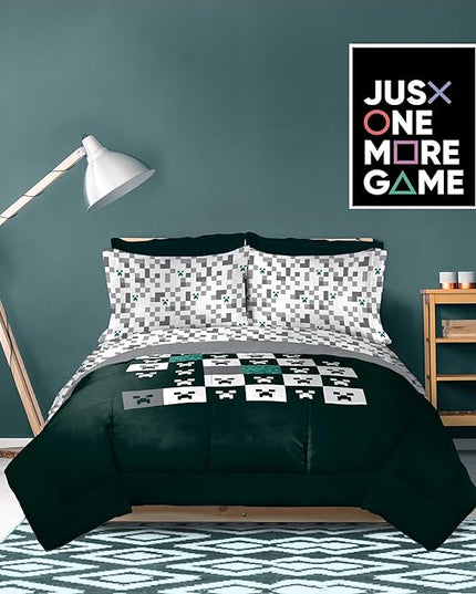 Minecraft Creeper Full Comforter Set - 7 Piece Gamer Bedding includes Sheet Set & Pillow Covers - Super Soft Checkered Kids Bedding - LeafyLoom