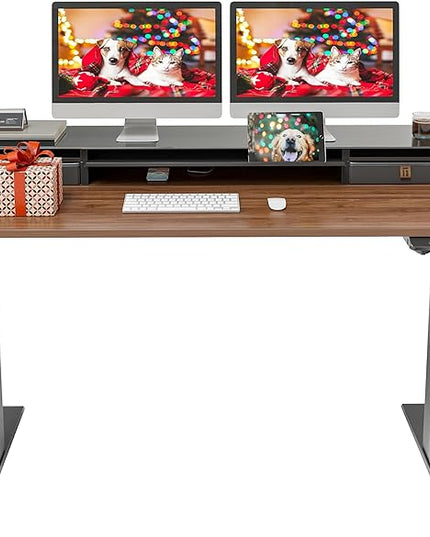 FEZIBO 55 x 24 Inch Height Adjustable Glass Electric Standing Desk with Double Drawer, Stand Up Desk with Storage Shelf, Sit Stand Desk, Black Walnut - LeafyLoom