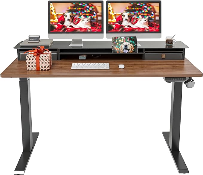 FEZIBO 55 x 24 Inch Height Adjustable Glass Electric Standing Desk with Double Drawer, Stand Up Desk with Storage Shelf, Sit Stand Desk, Black Walnut - LeafyLoom