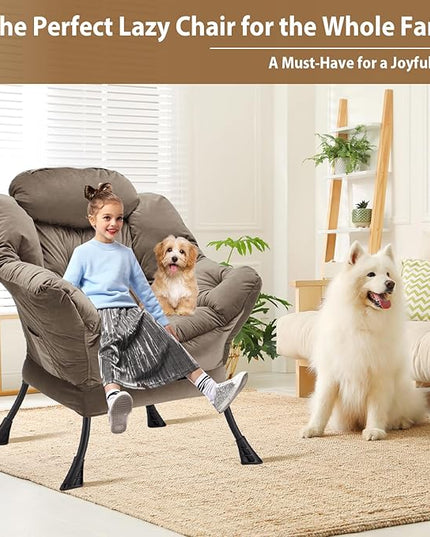Lazy Chair Thick Padded, Accent Chair Velvet Upholstered with Wide Seat, Stable Metal Frame and Non-Slip Pad, Modern Sofa Armchair with Side Storage Bag for Dorm, Room, Office, Dark Gray - LeafyLoom