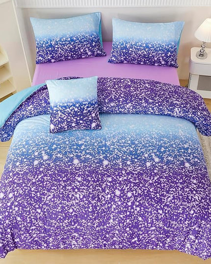 PERFEMET Blue Purple Girls Twin Comforter Set with Sheets, 6Pcs Glitter Tie Dye Rainbow Kids Girls Bedding Sets, Sparkle Gradient Ombre Bed in A Bag for Bedroom Decor - LeafyLoom