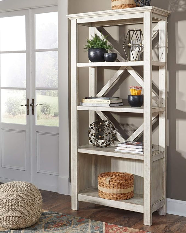 Signature Design by Ashley Carynhurst Rustic Farmhouse 75" Bookcase with 4 Shelves, White - LeafyLoom