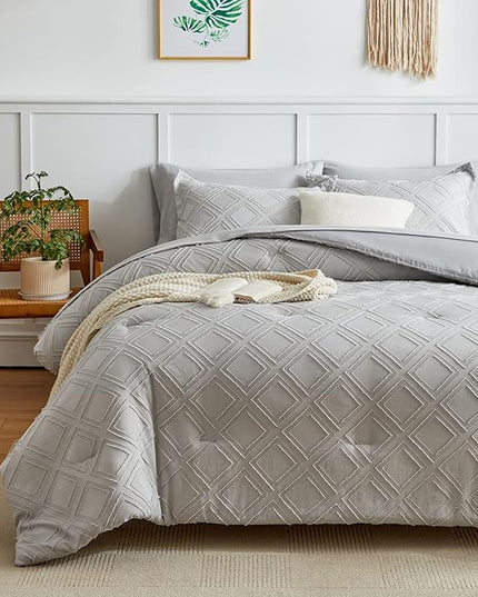 7 Pieces Tufted Bed in a Bag Queen Comforter Set with Sheets Light Grey, Soft and Embroidery Shabby Chic Boho Bohemian, Solid Color with Diamond Pattern, Jacquard Tufts Bedding Set for All Season - LeafyLoom