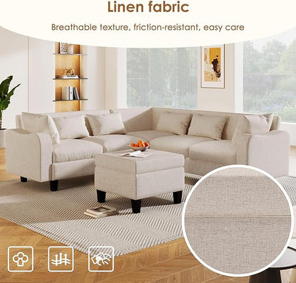 Sectional Sofa with 6 Pillows, Modern L-Shaped Modular Couch Upholstered 6 Seaters Living Room Indoor Furniture Sofa&Couch W/ & Coffee table Storage Ottoman, for Apartment,Various Combinations - LeafyLoom