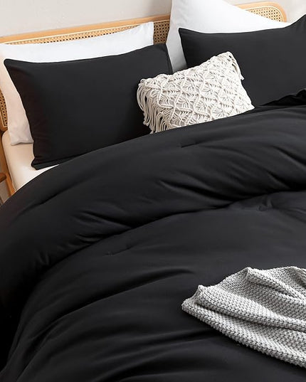 ROSGONIA King Size Comforter Set Black, 3pcs (1 Black Comforter & 2 Pillowcases), All Season Bedding Lightweight Bedspread Blanket Quilt Bed Set - LeafyLoom