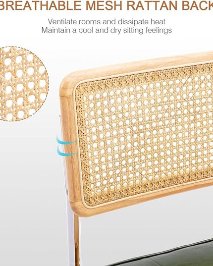 Zesthouse Mid-Century Modern Dining Chairs, Upholstered Tufted Faux Leather Accent Chairs Rattan Dining Chairs Set of 2, Armless Mesh Back Cane Chairs with Metal Chrome Legs, Green - LeafyLoom