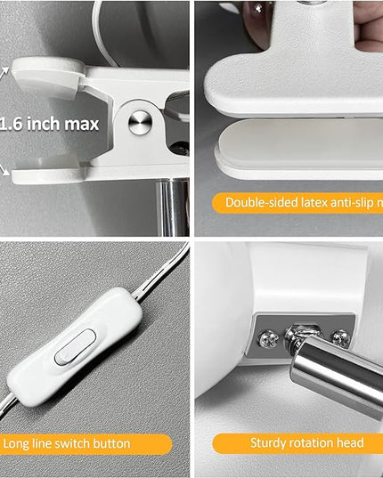 LED Clip on lamp,5W Super Bright Reading Light, 330° Rotation Small Lamp with Clamp on Desk/Table/Bed Headboard/Cupboard Home Lighting, Modern and Save Space Illumination Powerful Lamp White - LeafyLoom