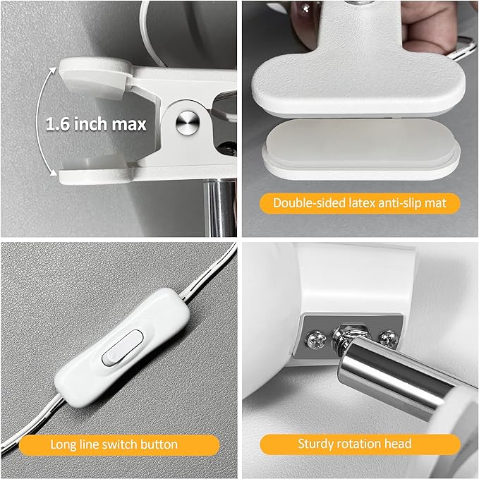 LED Clip on lamp,5W Super Bright Reading Light, 330° Rotation Small Lamp with Clamp on Desk/Table/Bed Headboard/Cupboard Home Lighting, Modern and Save Space Illumination Powerful Lamp White - LeafyLoom