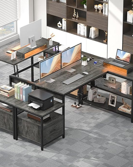 Aheaplus L Shaped Desk with Power Outlet, Standing Home Office Desk with Lift Top and File Drawer, 63'' Corner Computer Desk with Monitor Stand&Printer Shelves, Gaming Desk with Led Lights, Grey Oak - LeafyLoom