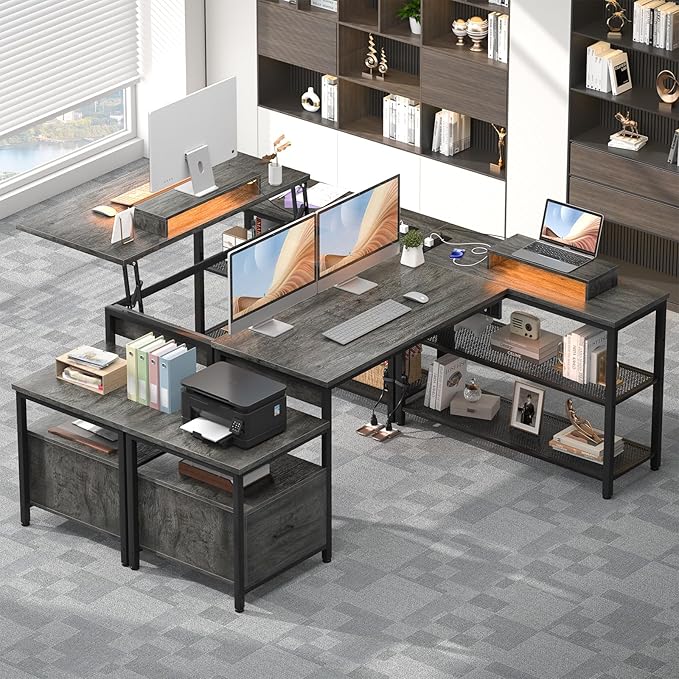 Aheaplus L Shaped Desk with Power Outlet, Standing Home Office Desk with Lift Top and File Drawer, 63'' Corner Computer Desk with Monitor Stand&Printer Shelves, Gaming Desk with Led Lights, Grey Oak - LeafyLoom