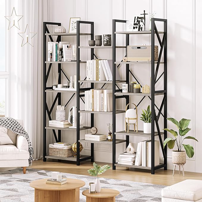 GAOMON Triple Wide 5 Tier Book Shelf, 70.8” Tall Bookcase with 14 Open Shelves, Large Industrial Bookshelves and Bookcases with Metal Frame for Home Office, Study Room, Living Room-Grey - LeafyLoom