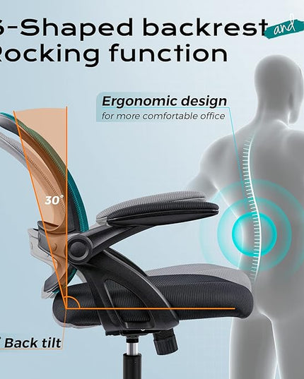 KERDOM Office Chair, Ergonomic Desk Chair, Mesh Computer Chair Height Adjustable, Comfy Swivel Task Chair with Wheels and Flip-up Arms - LeafyLoom