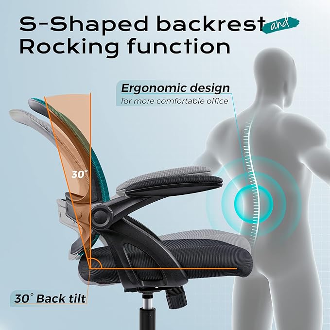 KERDOM Office Chair, Ergonomic Desk Chair, Mesh Computer Chair Height Adjustable, Comfy Swivel Task Chair with Wheels and Flip-up Arms - LeafyLoom