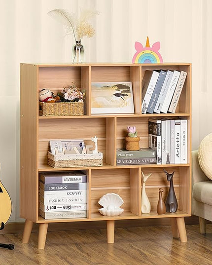 LEYAOYAO Wooden 8 Cube Book Shelf, Natural 3 Tier Bookshelf with Legs, Modern Open Storage Organizer,Boho Bookcase,Display Cabinet Shelf Free Standing Bookshelves for Bedroom,Living Room,Office - LeafyLoom