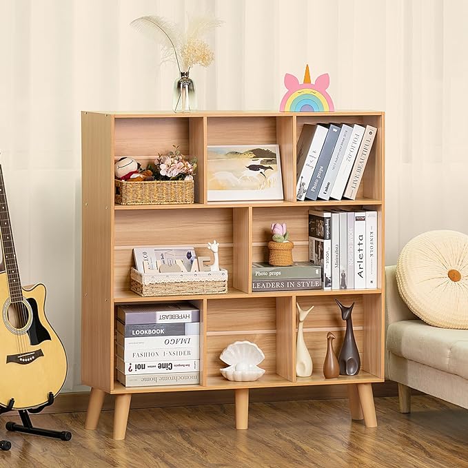 LEYAOYAO Wooden 8 Cube Book Shelf, Natural 3 Tier Bookshelf with Legs, Modern Open Storage Organizer,Boho Bookcase,Display Cabinet Shelf Free Standing Bookshelves for Bedroom,Living Room,Office - LeafyLoom