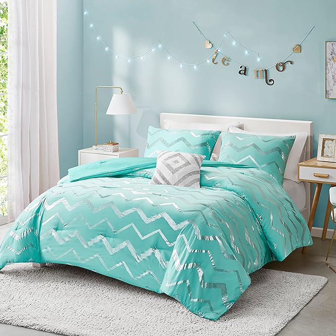 Codi Metallic Teal and Silver Comforter Set, Twin/Twin-XL Size, Cute Aqua Turquoise Bedding Sets, 3 Piece (1 Matching Sham + 1 Decorative Pillow) - LeafyLoom