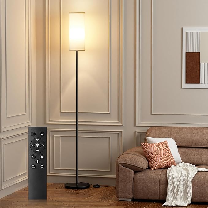 Ambimall 66'' Floor Lamps for Living Room with Remote Control and Stepless Dimmable Colors Temperature & Brightness, 9W Bulb Included(White Lampshade & Black Pole) - LeafyLoom